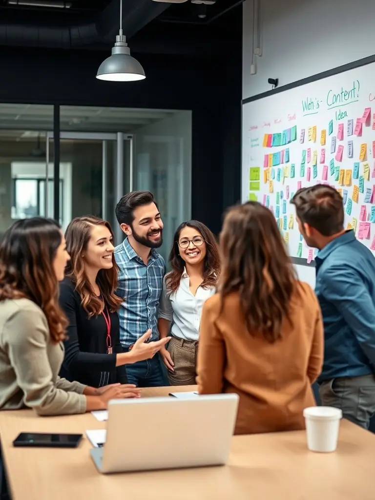 A professional photograph showcasing a team brainstorming session in a modern office, representing BPA's collaborative marketing strategy development.